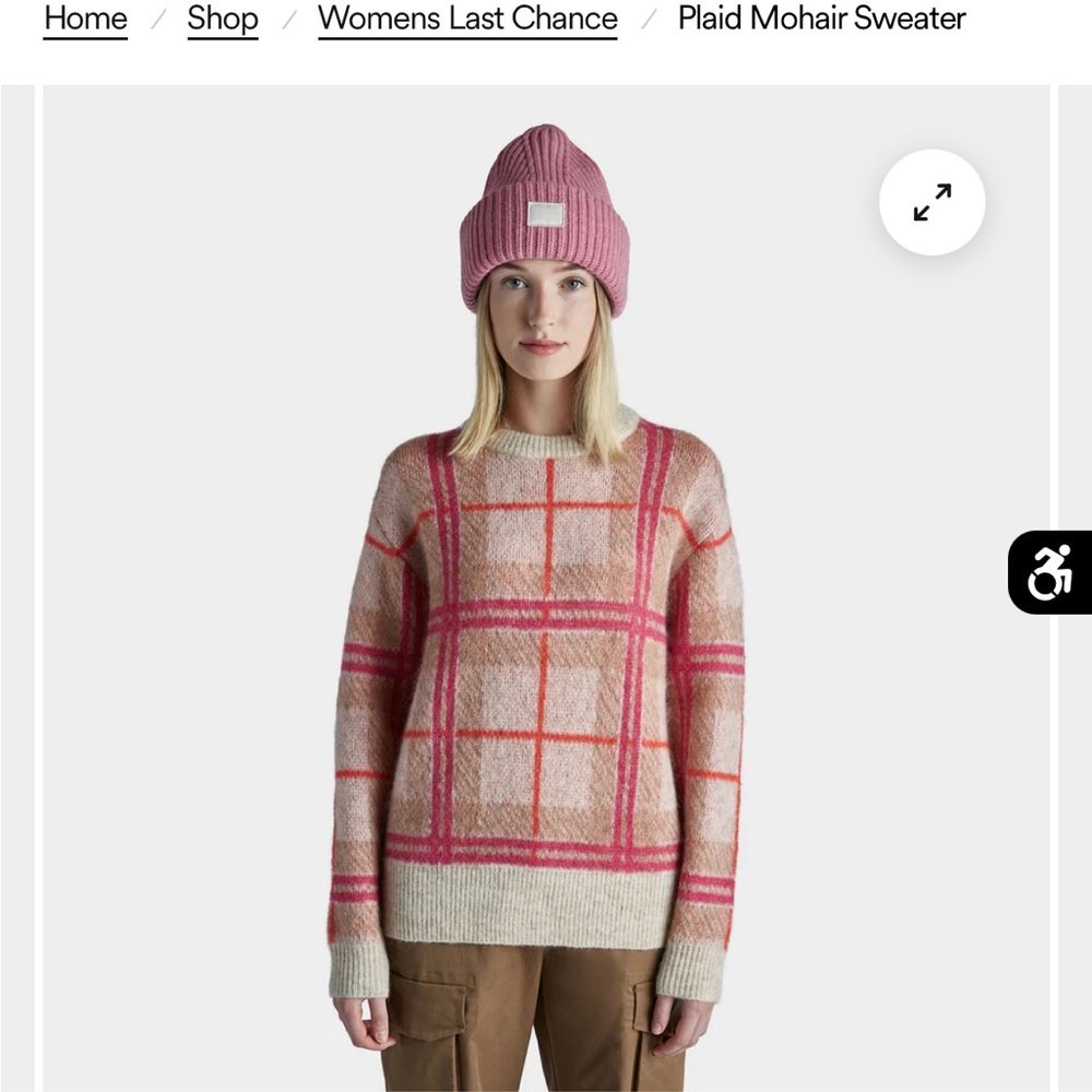 Pink and Orange Crew Neck Sweater with Plaid Design